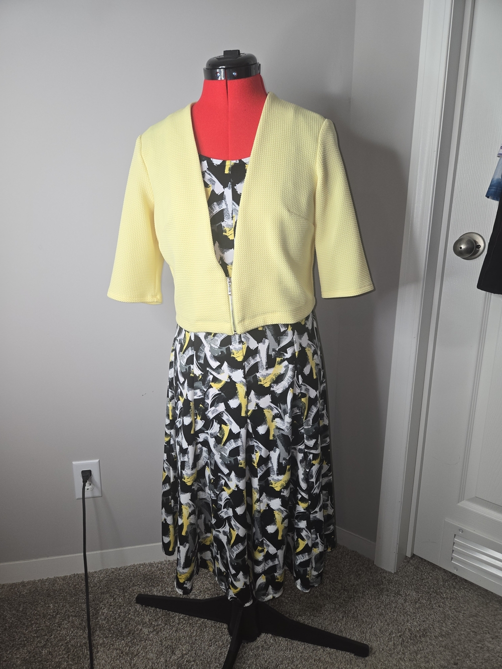 Yellow Cropped Jacket with Black & White Patterned Dress